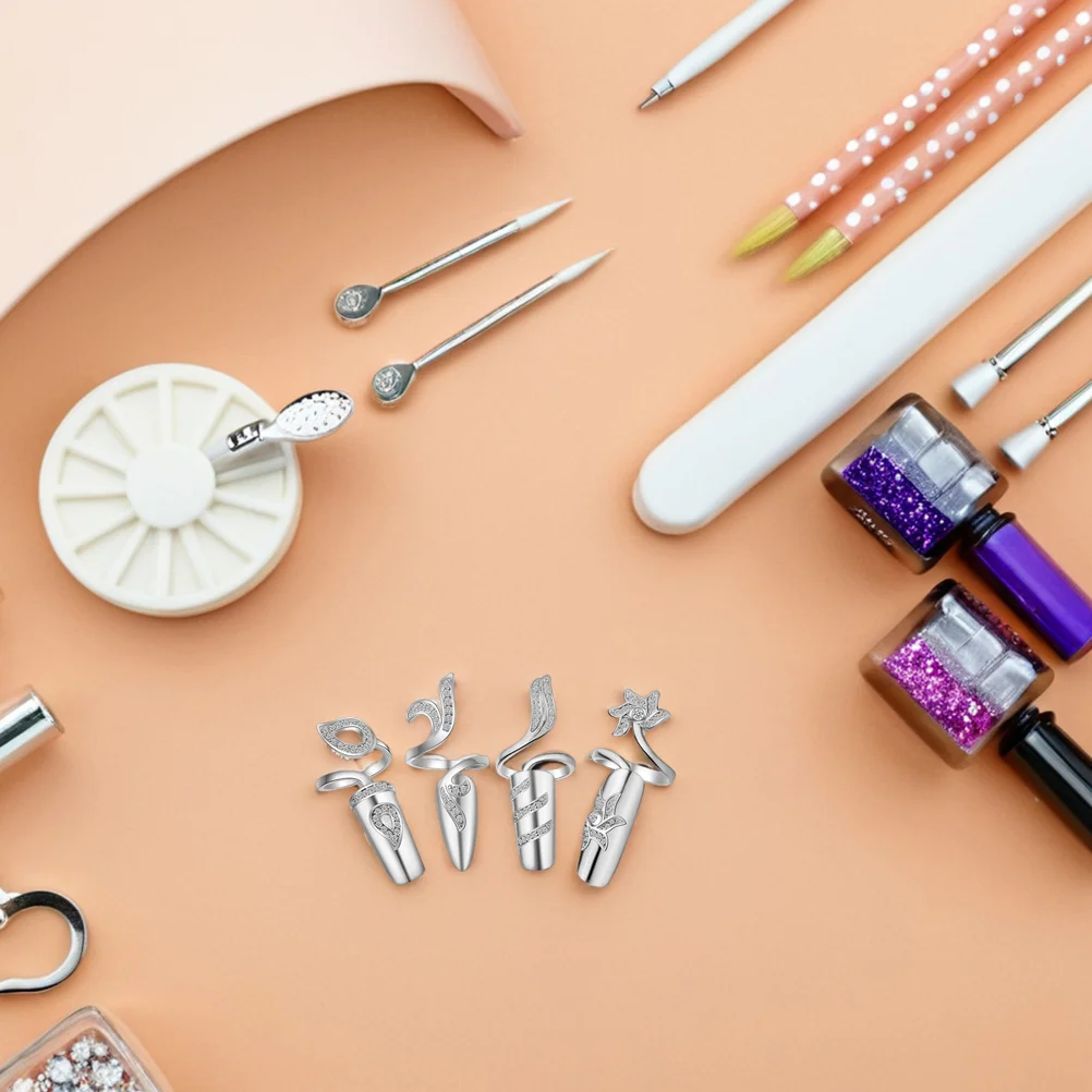 4 szt. Pierścionków na paznokcie z kryształkami, ozdobne pierścionki ze stopu do paznokci, wielokrotnego użytku, eleganckie, na wesele, studniówkę, imprezę, damska biżuteria na palce.