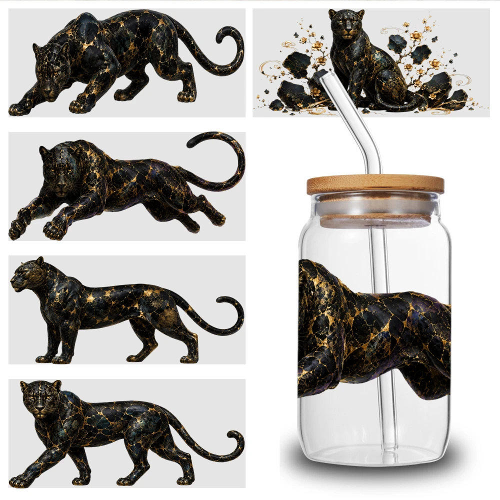5 Sheets Black Gold Leopard UV DTF Stickers Waterproof Rub on Transfers DIY Water Bottle Glass Cups Decoration