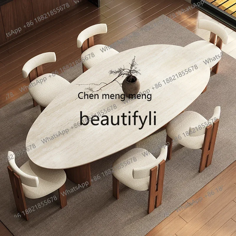 S7486 ss Off-White Travertine Water Drop Shape Rock Plate Dining Table Coffee Table Medieval  Walnut Color Marble Solid Wood Hou