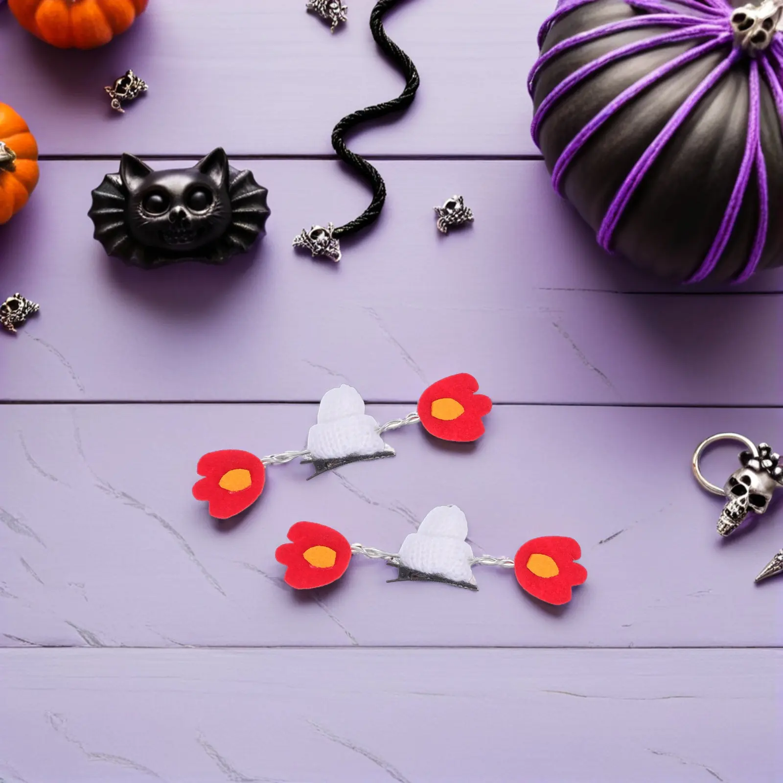 

1Pair Halloween Hair Clips Mini Knitted Hat with Devil Flame Design Snap Side Clips Cosplay Party Hair Accessories