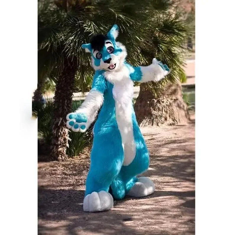 Blue White Long Fur Husky Fursuit Wolf Fox Dog Mascot Costume Adults Furry Suit Walking Performance Halloween Christmas Dress view 2