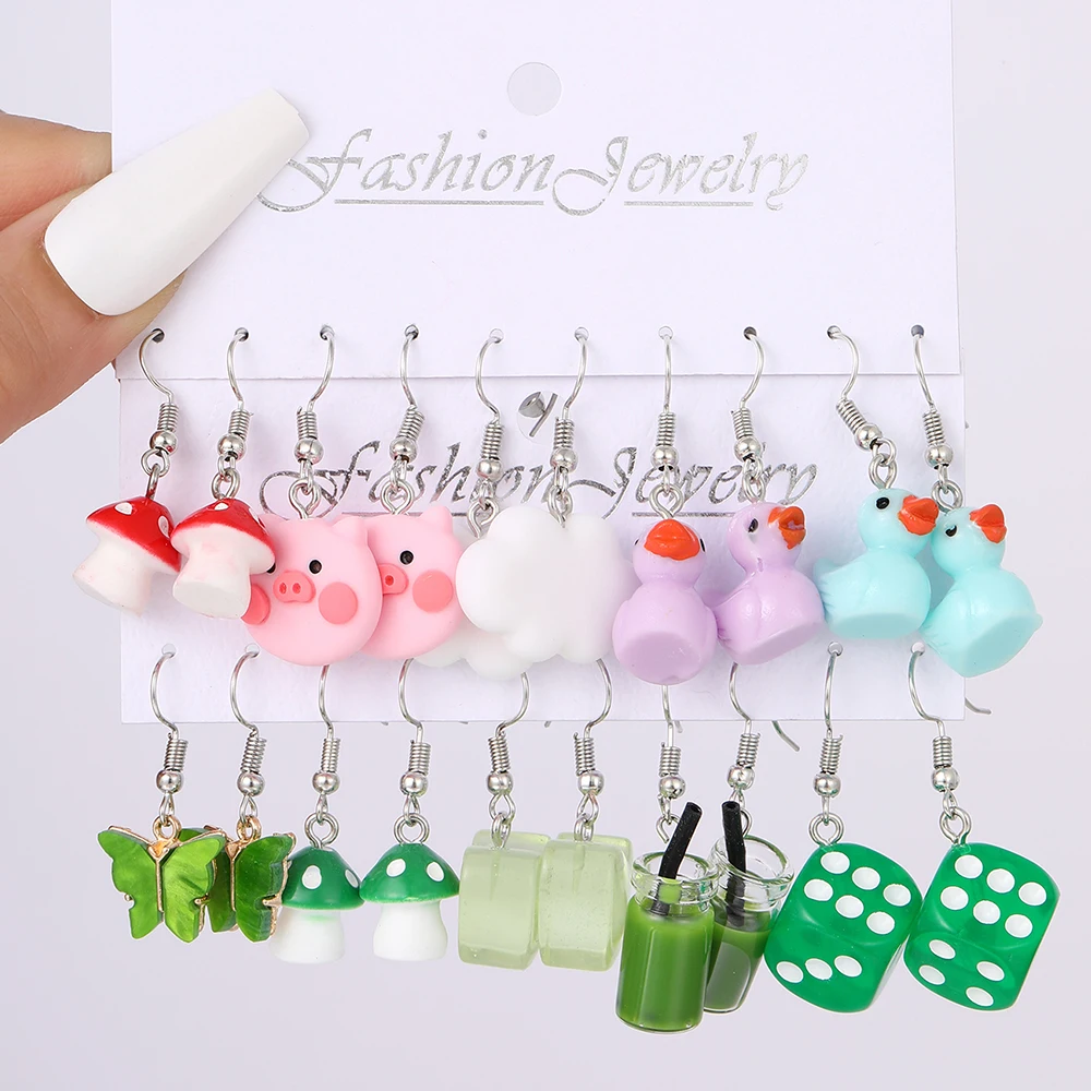 17KM Cute Cartoon Earrings Set Duck Butterfly Animal Dangle Earring for Women Girls Mushroom Cloud Earring Set Trendy Jewelry