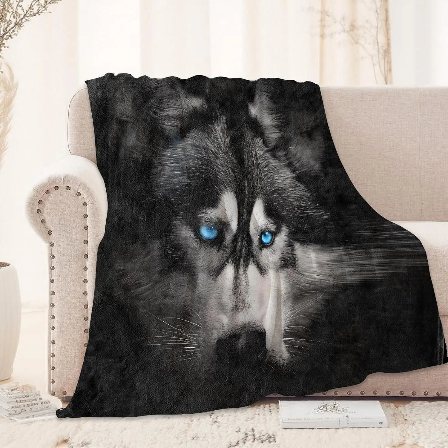 Realistic Wolf Portrait Blanket Flannel Throw Cozy Winter Fleece Decor Gift Husky Animal Wildlife Art for Couch Home