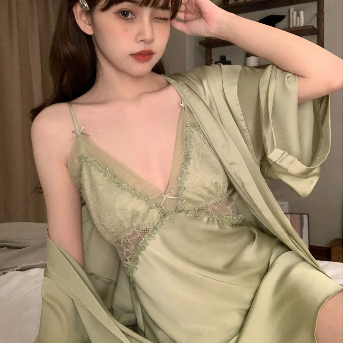 

Sexy Lace Robe Gown Set Summer Chiffon Sleepwear Kimono Bathrobe Nightgown Suit Women Casual Satin Home Dress Loungewear
