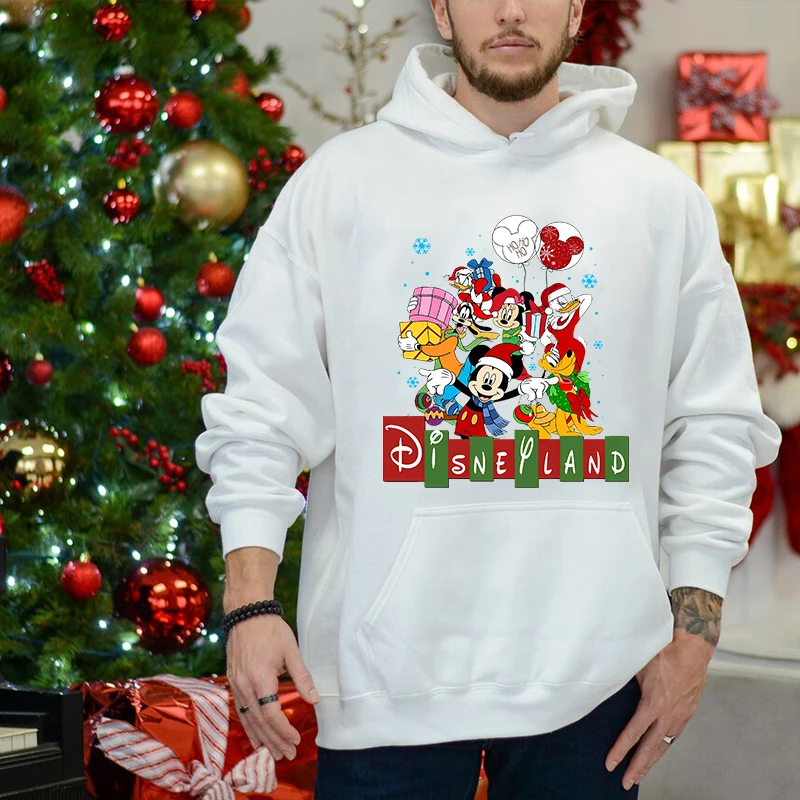 

Mickey Mouse Christmas Print Men's Autumn and Winter Hoodie Plus Velvet Sports Sweater White Loose Men's Clothing