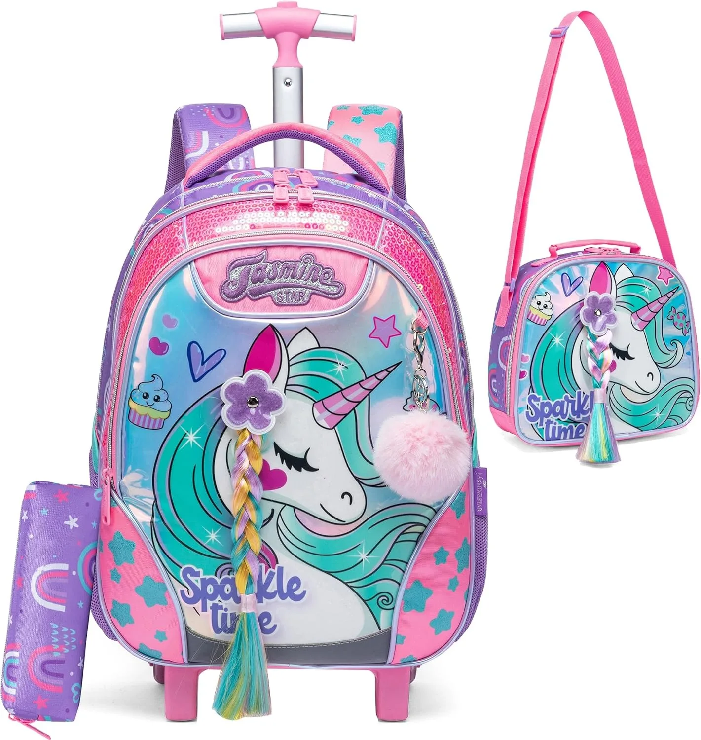 Unicorn Rolling Backpack for Girls Kids Wheeled School Bag Travel Carry on Luggage Cute Gift for Elementary Students Trolley Bag