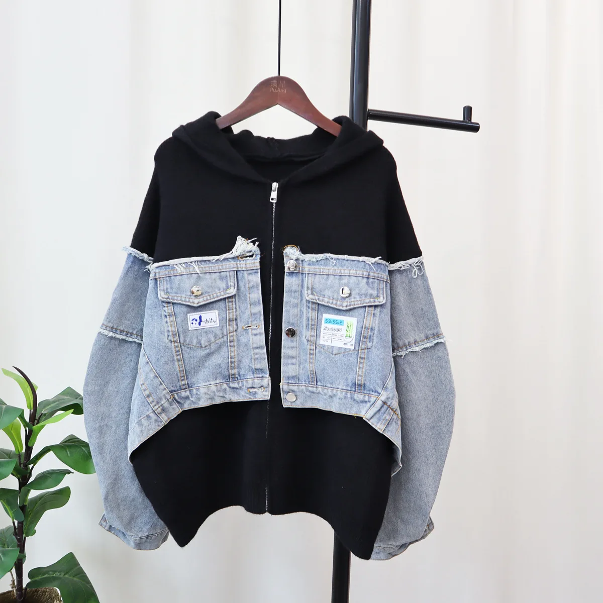 [Ewq] Streetwear-Stil Reiß verschluss Kapuze Strickjacke Frauen Kleidung Denim Patchwork Pullover Mantel Herbst Winter neue Flut gz258