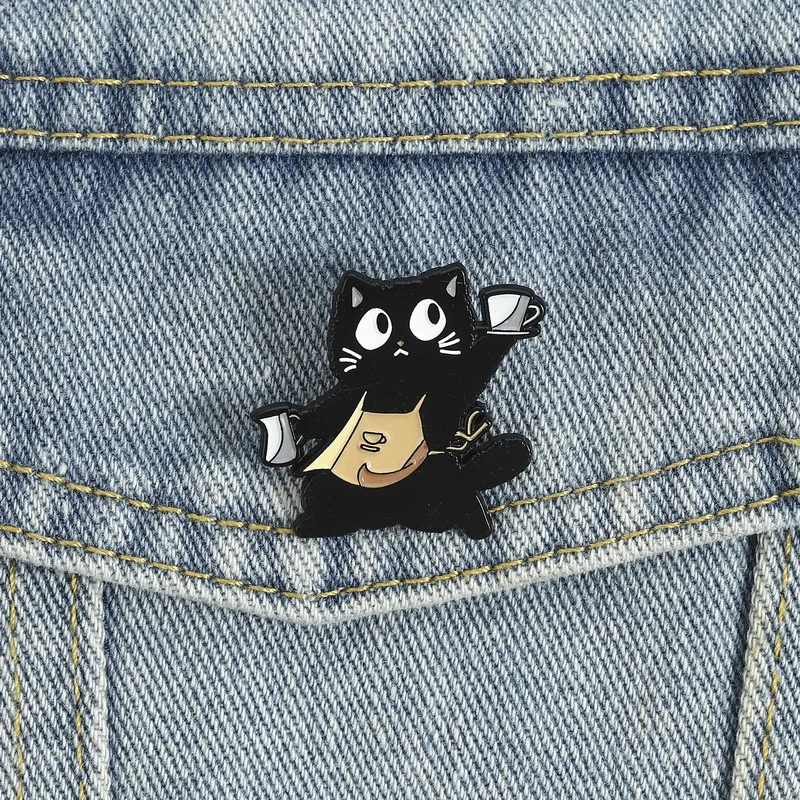 Cartoon black cat holding coffee-shaped badges, fun animal series alloy pins, Backpack and clothing accessory, gift for friends