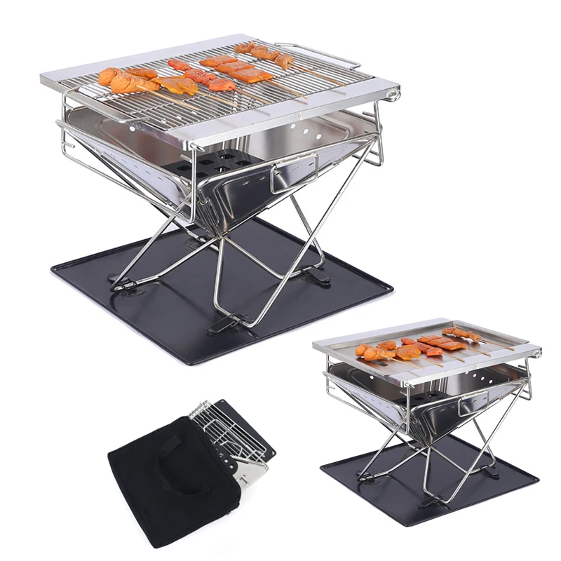 

Medium Size Foldable Stainless Steel Wood Burning Camping Equipment Tabletop Charcoal BBQ Grill