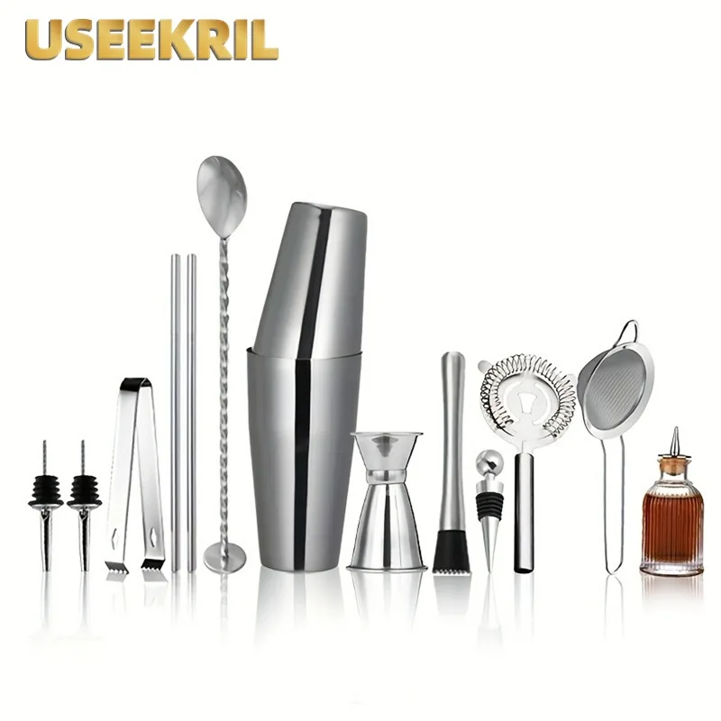 13Pcs Professional Bartender Shaker Set Stainless Steel Shaker Sets Bartending Tools Bar Cocktail Shakers Set With Bitter Bottle