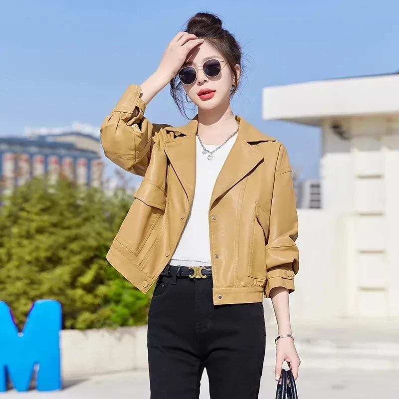 2023 Autumn New Leather Jacket Women\'s Loose Fit Soft PU Leather Coat Motorcycle Black Short Outwear Fashion Street Style Tops