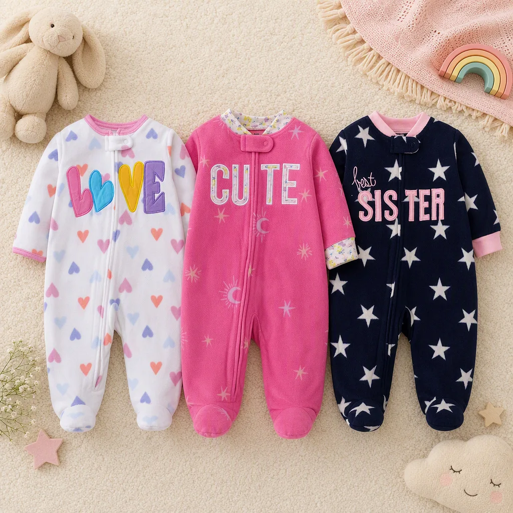 Infant Girls Polar Fleece Footed Romper Star Heart Print Cute Letter Embroidery Zip Onesie Autumn Winter Warm Baby Clothes 3-9M
