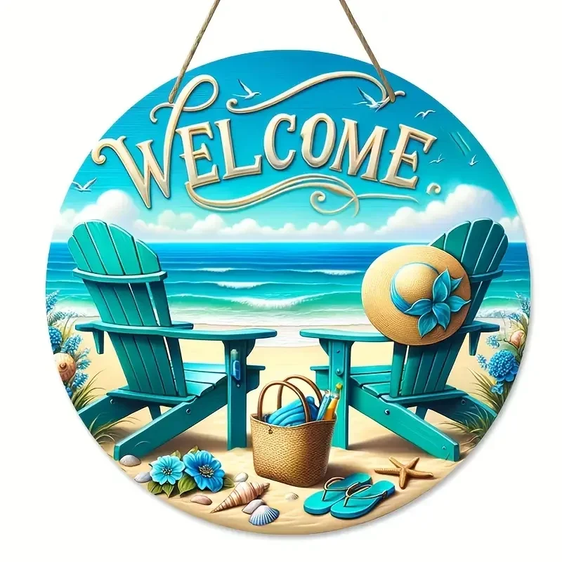 Beach Chair Welcome Round Acrylic Hanging Sign Coastal Home Decor,Ocean Seaside Lounge Chair Straw Hat Acrylic Front Door Wall Ornament