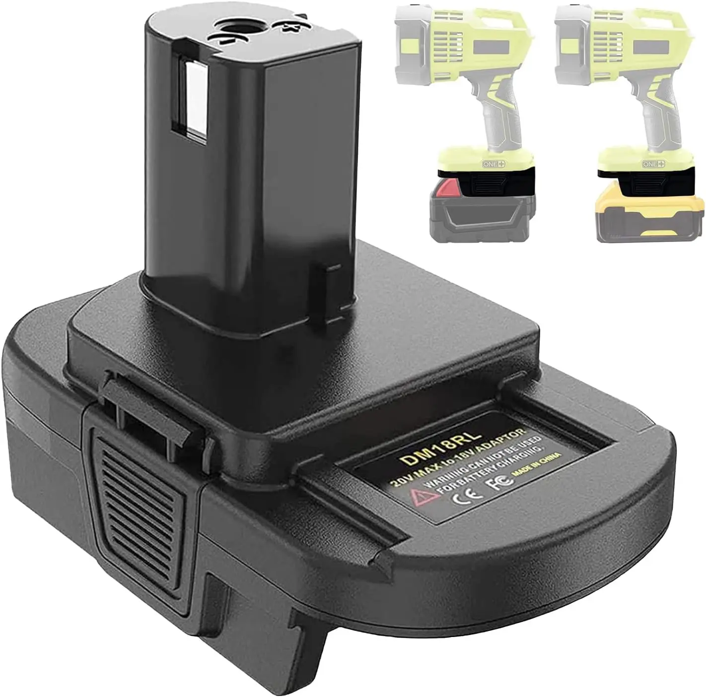 DM18RL Batterieadapter zur Umwandlung von Dewalt/Milwaukee 20V/18V Li-Ionen-Akkus in Ryobi 18V P108 ABP1801, USB-Anschluss, Schwarz/Grün – Detail 2