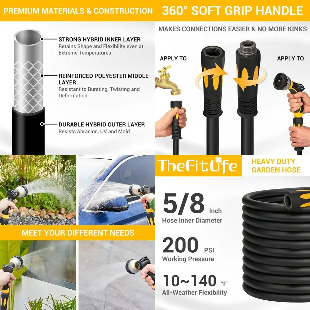 

50ft Heavy-Duty Kink-Resistant Garden Hose with Soft Grip and 8-Function Nozzle for Outdoor Use