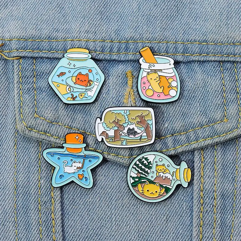 Enamel Pins Custom Kitten Dream Life Brooches Lapel Badges Cartoon Cute Animal Gift for Kids Friends Cat's Wishing Bottle