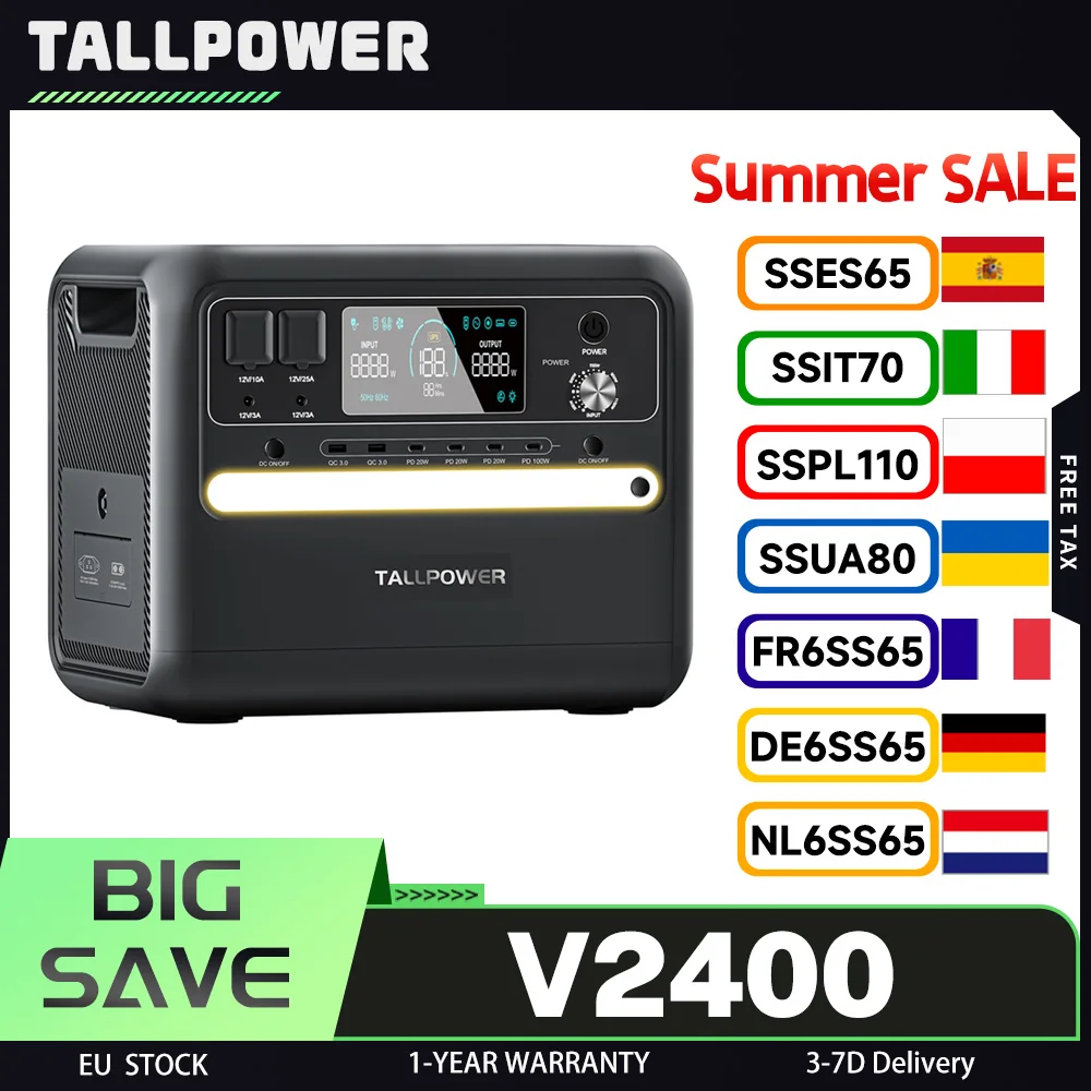 Centrale électrique portable TALLPOWER V2400, générateur solaire LiFePo4 2160 Wh, sortie CA 2400 W, UPS, 13 sorties, écran LCD, coffre-fort
