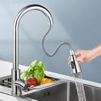 360 Degree Rotating Kitchen Faucet Single Hole Pull-out Faucet Kitchen Sink Cold Hot Water Control Flow Sprayer Head Mixing Tap