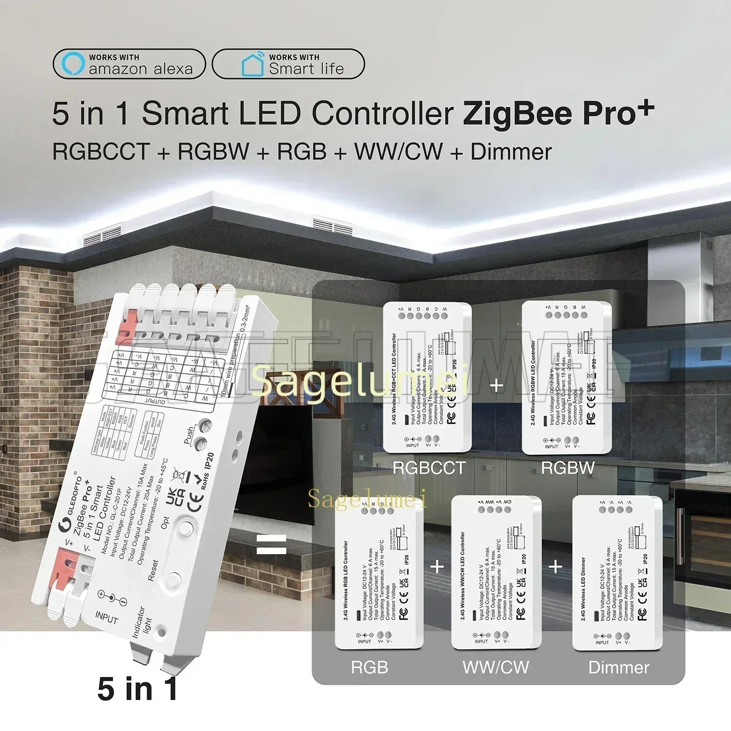 GLEDOPTO GL-C-201P/202P/203/601P 5 في 1 زيجبي 3.0 برو + وحدة تحكم LED RGB CCT RGBW RGBCCT قطاع ضوء التطبيق الذكي التحكم الصوتي #4