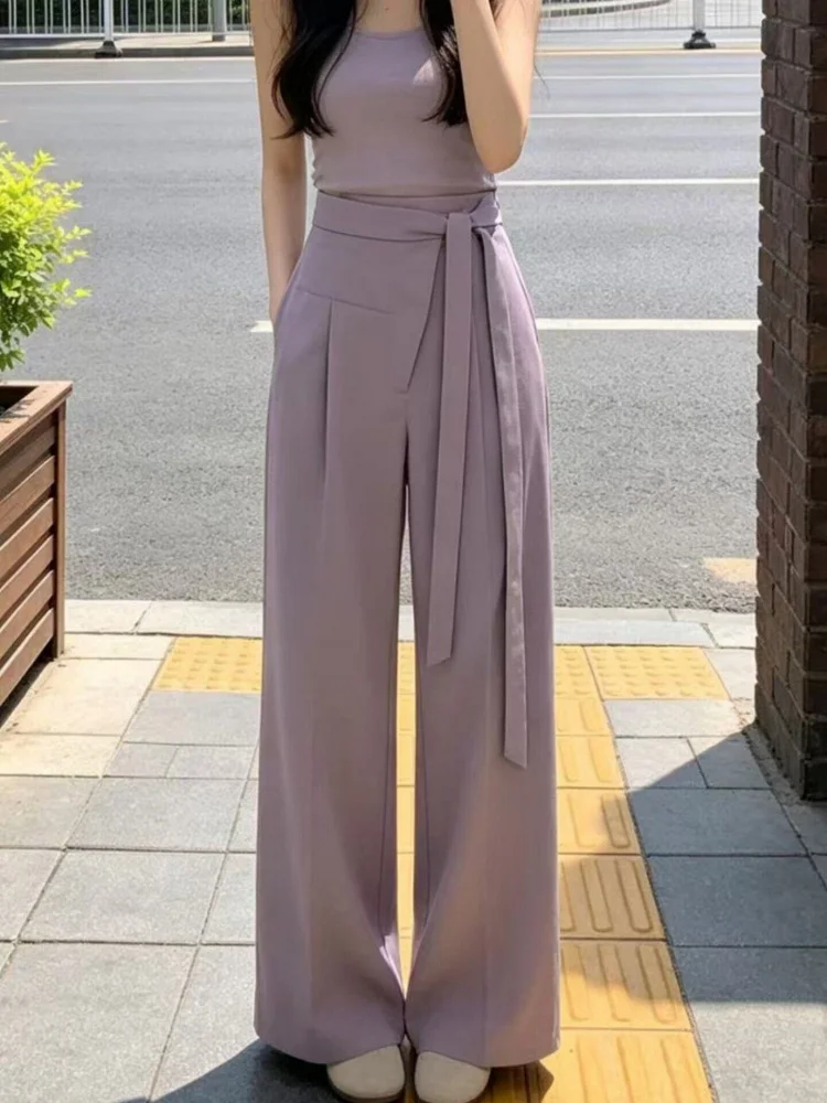 Purple High Waist Wide Leg Pants Women's Summer New Minimalist Style Slimming Hip Covering Commute Fashion Casual Pants