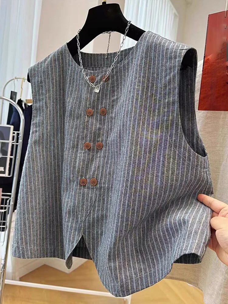 Retro Striped Cotton Linen Suit Vest Women's Summer 2025 High-End Layering Thin Linen oulder Pad Jaet Top Button round Ne