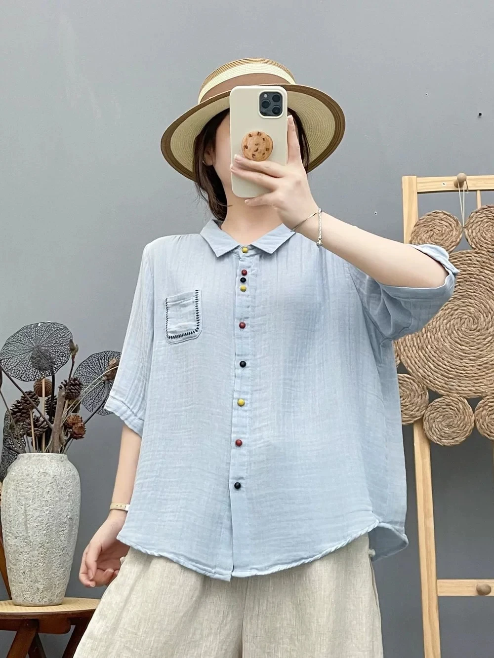 New 2026 Autumn Women Cotton Yarn Half Sleeve Shirt, Turn-down Collar Color Buckle, Mori Girl Casual Soft Loose Blouse T69822CC