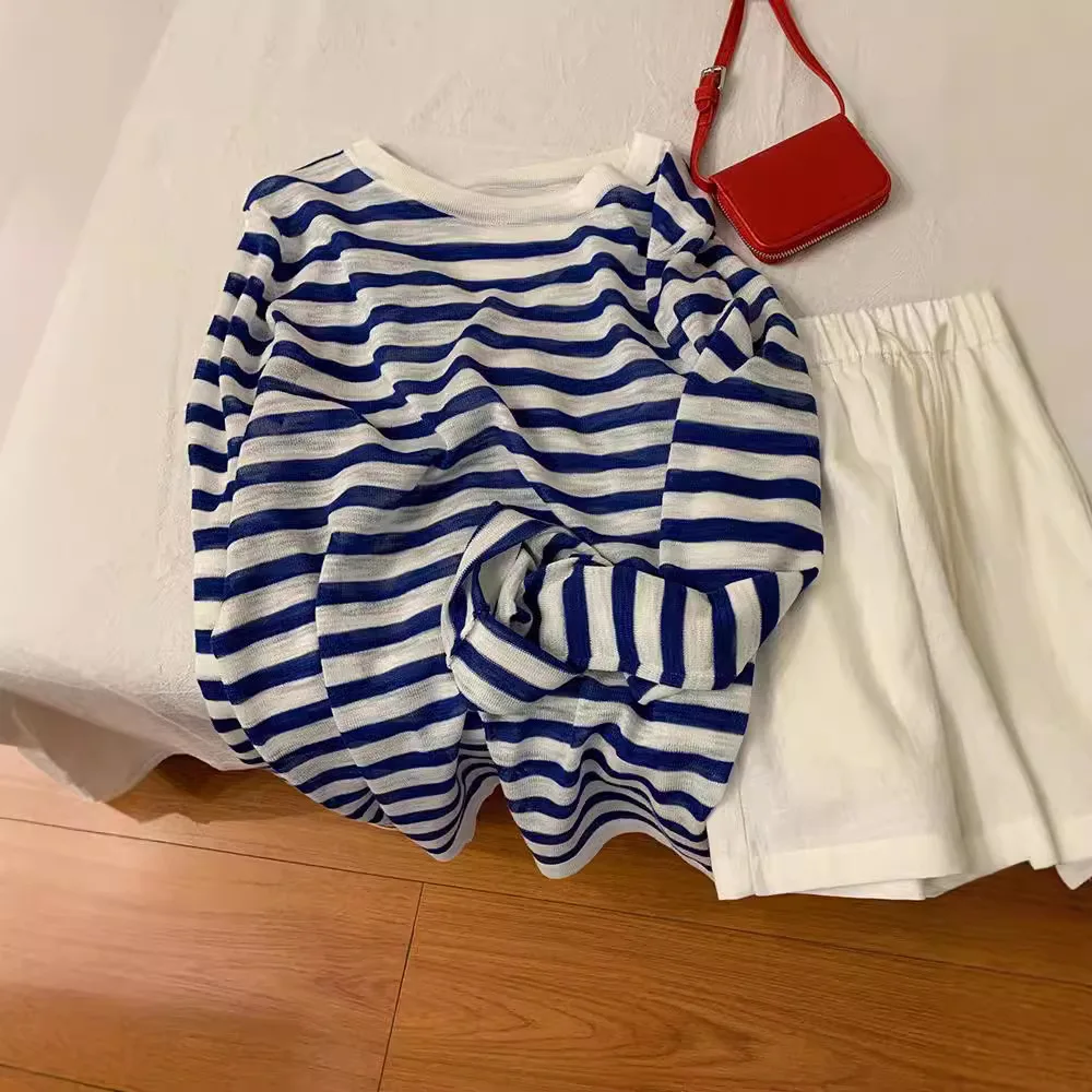 

Spring and Summer 2026 Elegant Gentle Contrasting Color Striped Round Neck Long-sleeved T-shirt Sunscreen Knitted Ice Silk Top