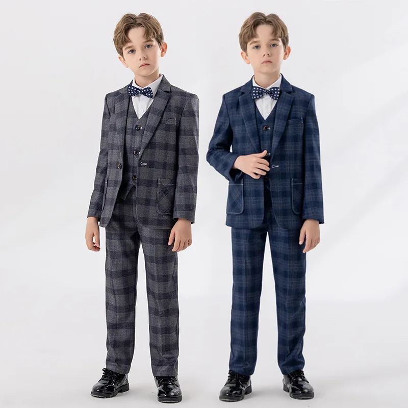 

Kids Formal Dress Suit Set British Style Boys Wedding Birthday Party Performance Costume Child Plaid Blazer Pants Bowtie Clothes