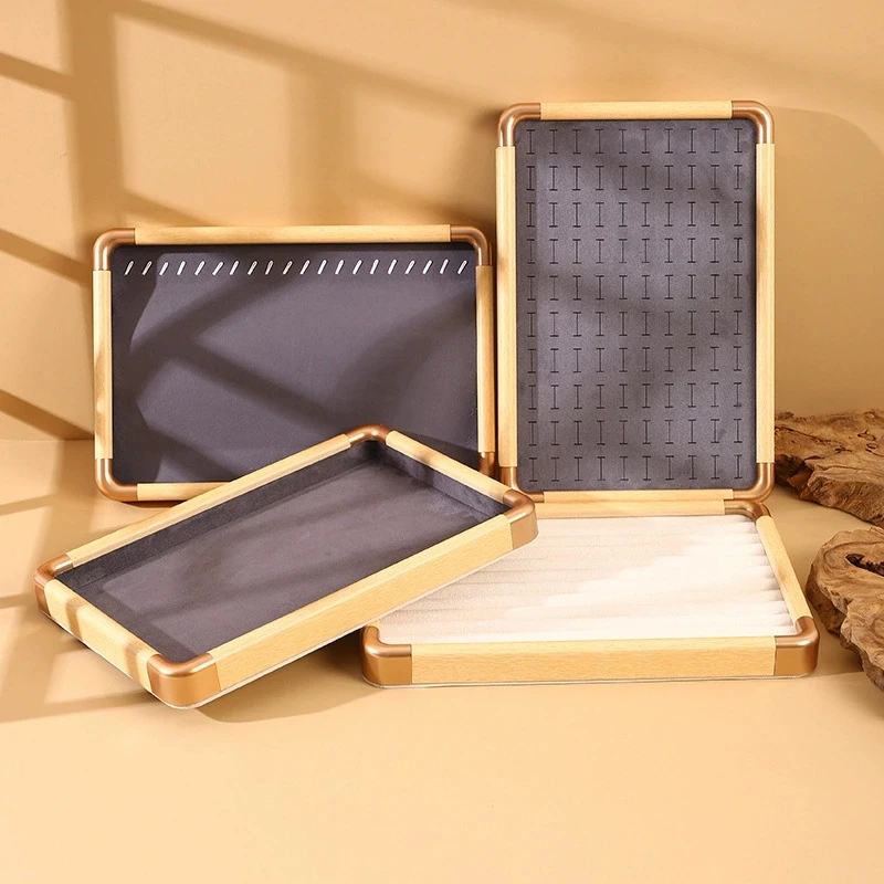 

Fashion Velvet Wooden Jewelry Tray Large Capacity Necklace Bracelet Earrings Ring Storage Plate Jewelry Organizer Showcase Props