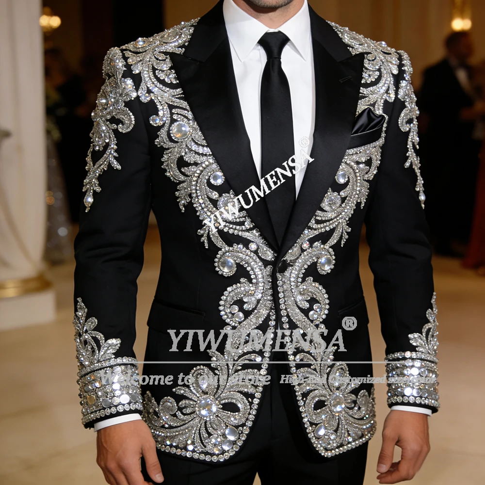 

Glittering Jewelry Stones Men's Suit Attire For Wedding Peaked Label Jacket Pants 2 Pieces Sets Groom Tuxedos Trajes Para Hombre