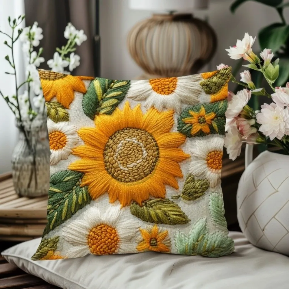 Vintage Sunflower Pillowcase 45x45cm Printed Sofa Cushion Case Square 2D Floral Bedroom Pillow Cover Home Decoration