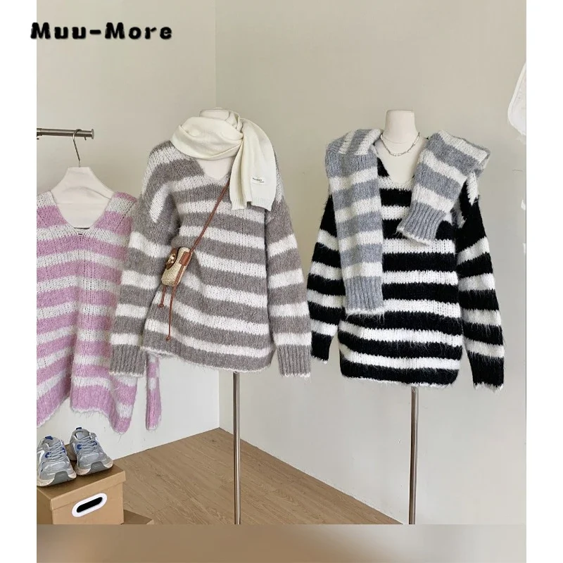 

Vintage Knitting Long Sleeve Casual Striped Pullovers 2023 Winter Women Fashion V-Neck Ladies Loose Female Sweater Knitwear Top