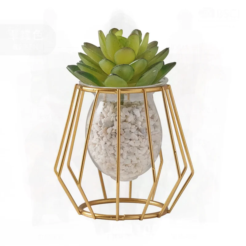 Creative Hydroponic Vase Luxury Glass Water Plant Container Prismatic Gold Office Desktop Decor Home Dining Table Green Rose