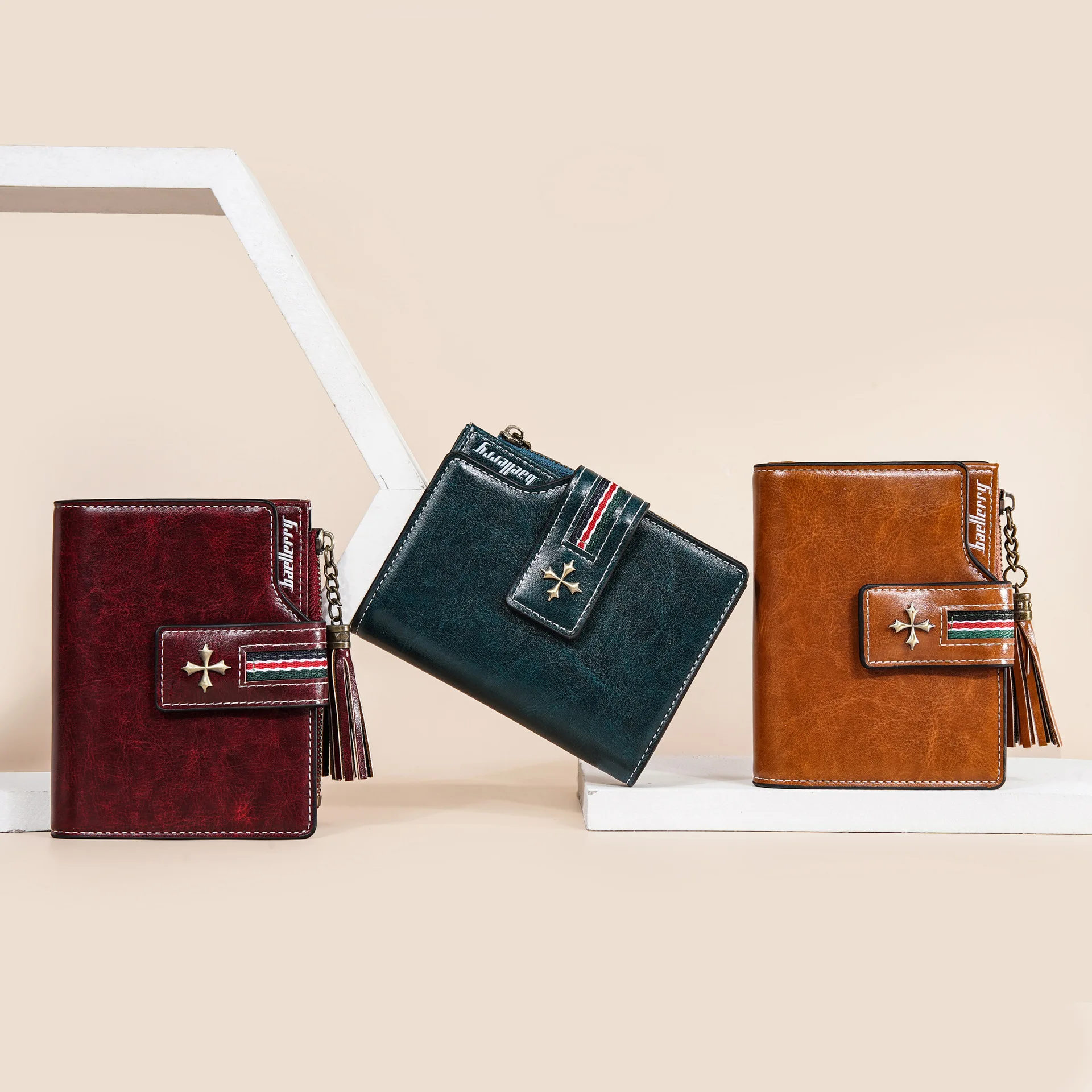 Neue PU-Damenbrieftasche mit Ölwachs-Lederquasten, Modische Dreifach Gefaltete Kurze Geldbörse, Mehrfach-Fach Reißverschluss-Münzbörse – Detail 29