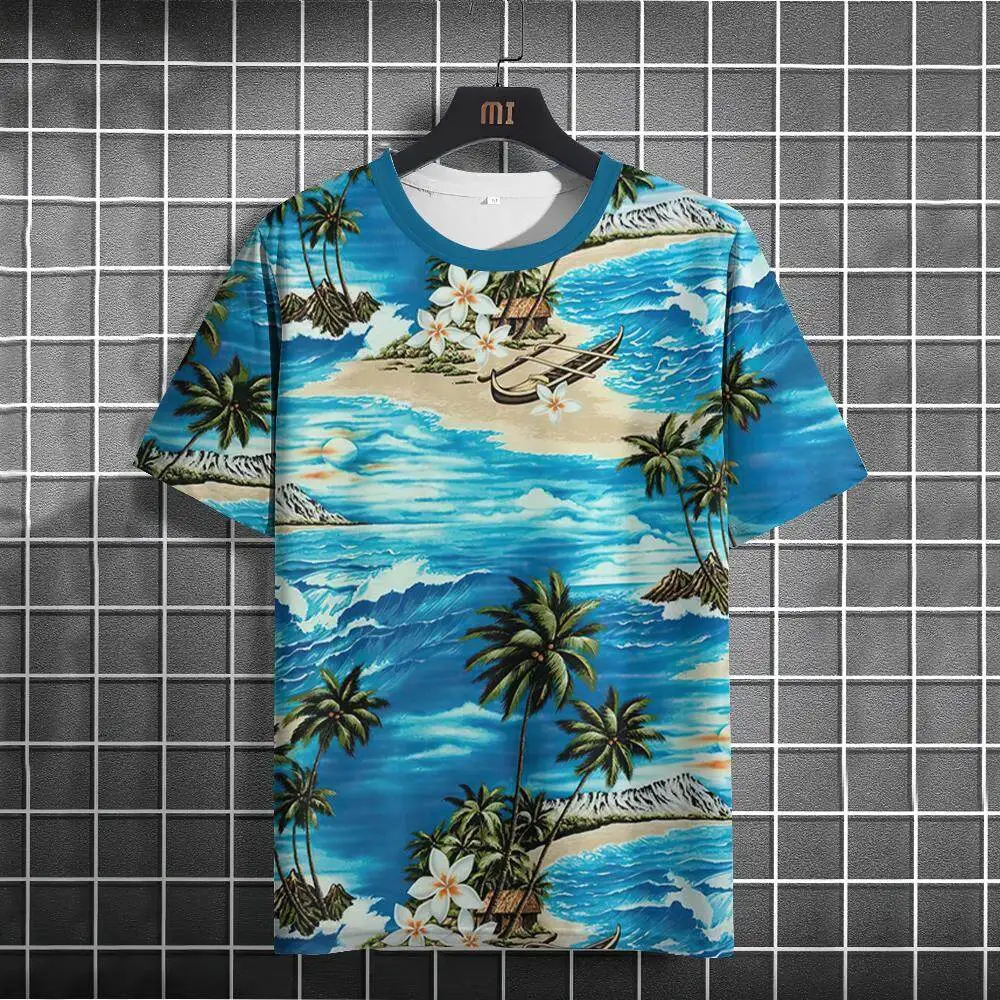 Hawaiian Beach T shirts For Men 3D Coconut Tree Print O-Neck Short Sleeve T-shirt Summer Oversized Pullover Men Y2k Top Clothing