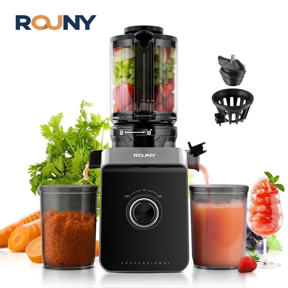 

ROUNY Slow Juicer, Cold Press Extractor with Filter-Free, Easy Clean Electric Fruit Juicer Machine with Large Caliber, Black