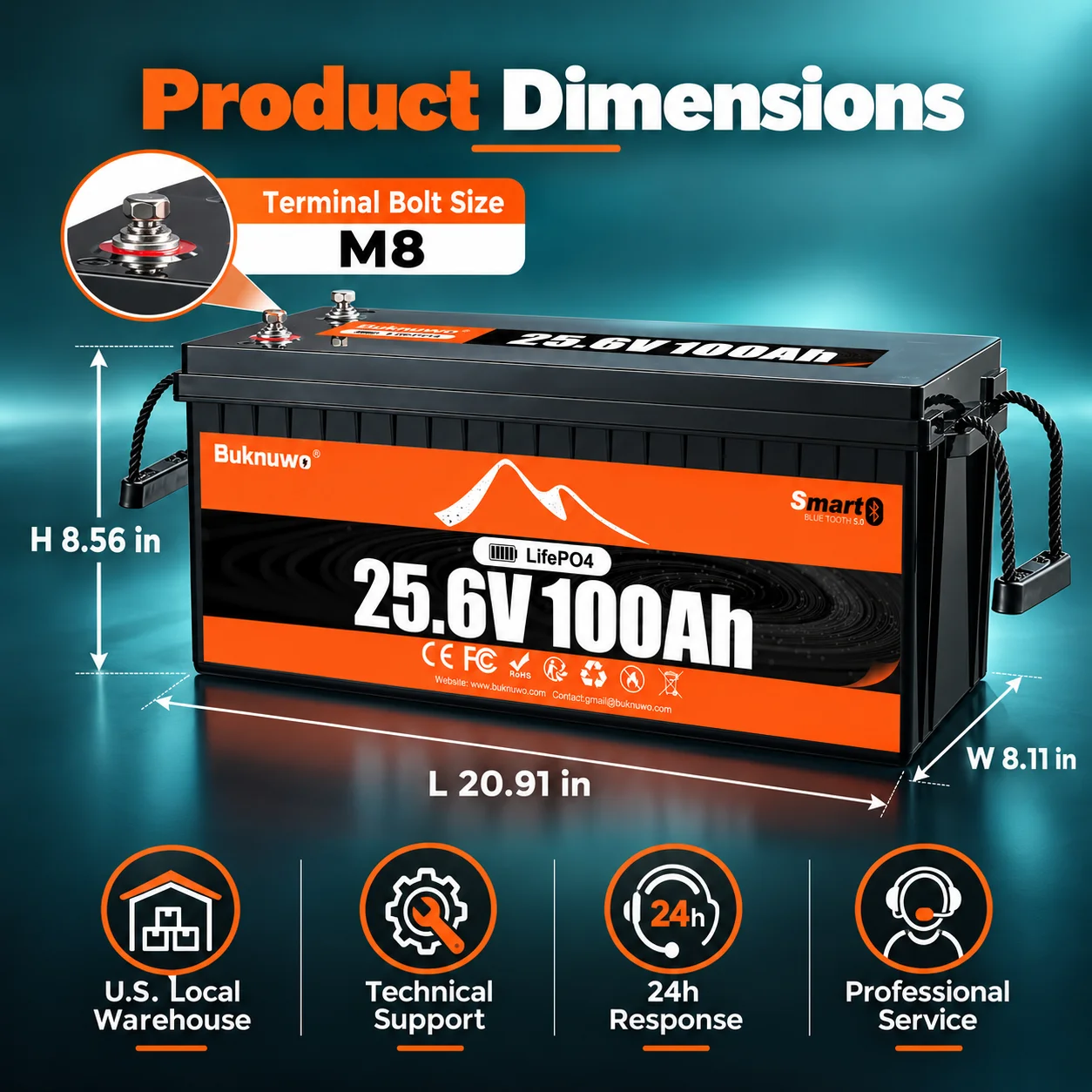 BUKNUWO 25.6V 100Ah Solar LiFePO4 Battery Pack 24V 2560Wh Deep Cycle Lithium Iron Phosphate Energy Storage for Off-Grid Home Solar Inverter Cabin