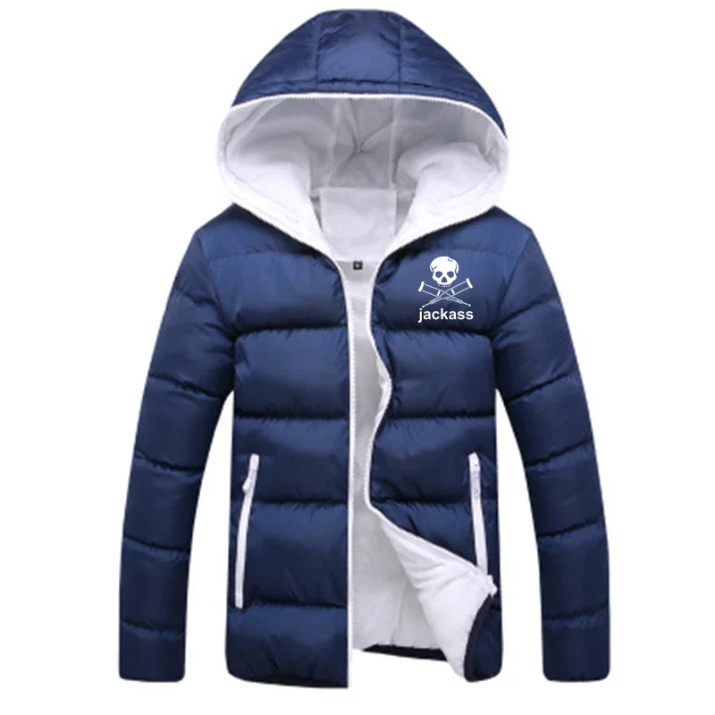 2024 New Jackass Forever Logo Printed Custom Made Men Zipper Down Jacket Hoodie Cotton Warm Casual Solid Color Man Streetwear