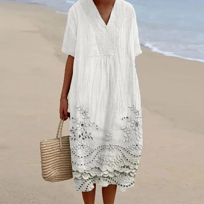 Vestidos retro sólido decote em v a linha midi vestido feminino primavera casual solto pulôver vestido sexy manga curta vestidos de férias de verão