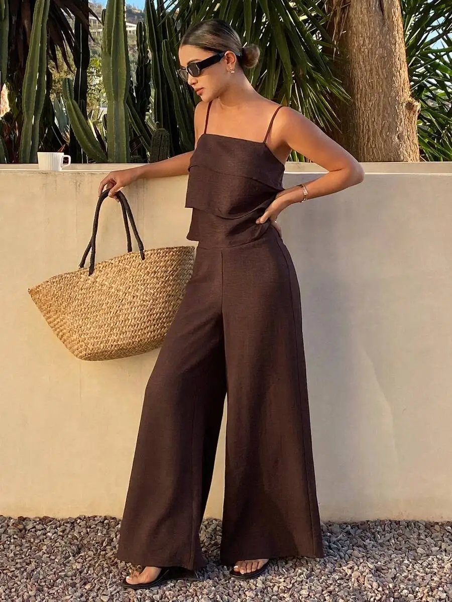 

Womens Summer Ruffled Camisole Top And Wide Leg Pants 2 Piece Set