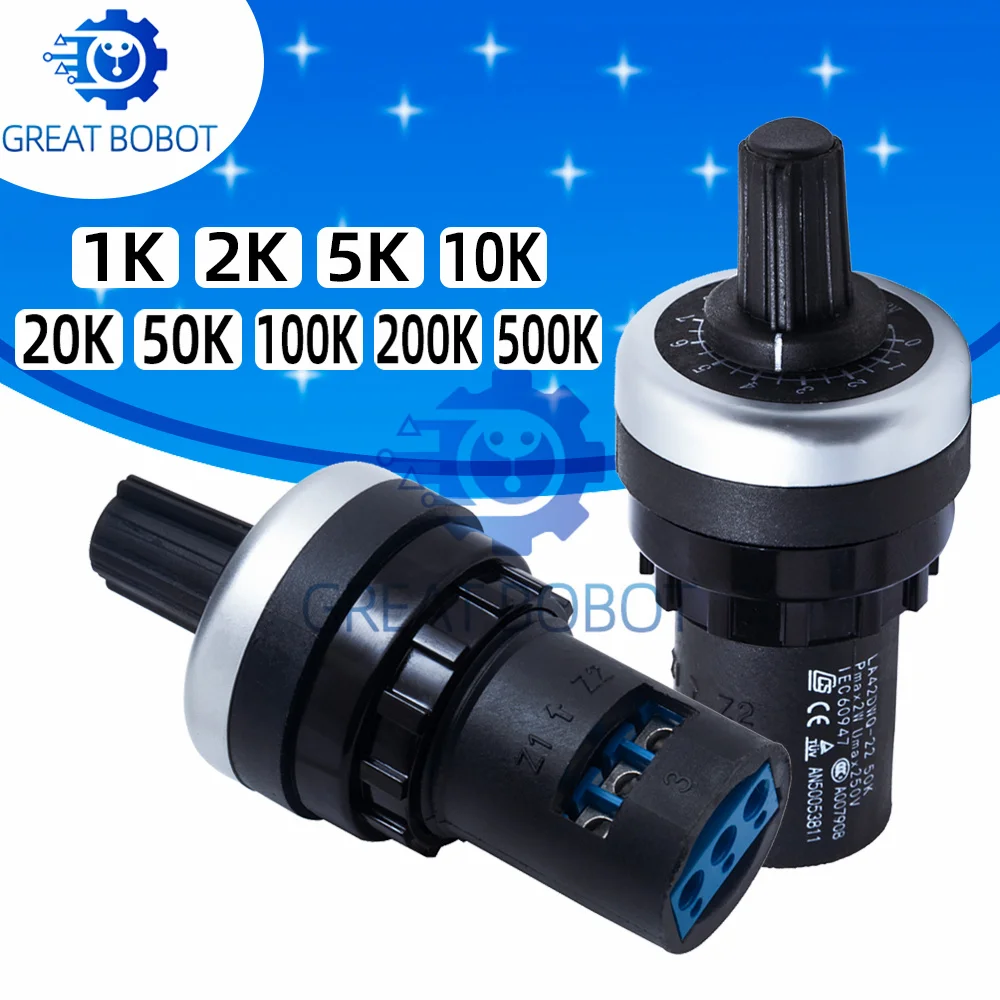 BS LA42DWQ-22 1K 2K 5K 10K 20K 50K 100k 200k 500K 22mm Średnica Potencjometr obrotowy Przełącznik rezystancji dla arduino