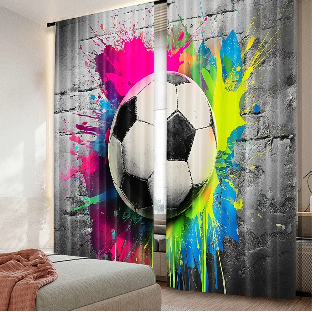 2D الطباعة المسطحة 2 قطعة الستائر كرة القدم اللون سبلاش الرقمية المطبوعة البوليستر الستائر احتفالية للعام الجديد #1