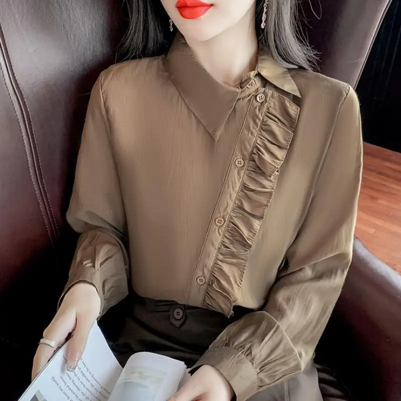 Elegant Fashion Ruffles Irregular Women Shirt 2024 Spring New Office Lady Chic All-match Lapel Long Sleeve Button Blouses Female