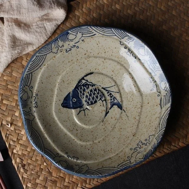Japanese Fish Print Ceramic Tableware  Special-shaped Large Ceramic Dinner Plate Dishes Bowl For Rectangular Household Hotels