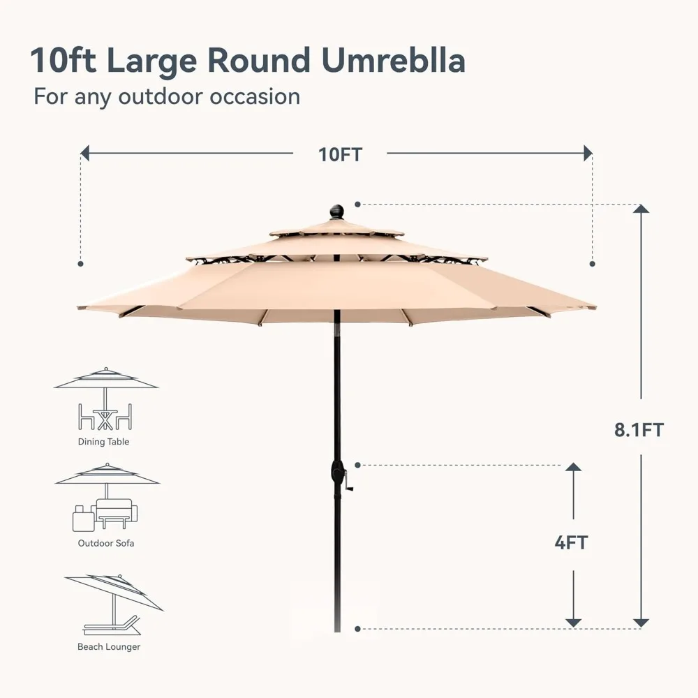 10ft Patio Umbrellas, Outdoor 3 Tier Vented Large Market Table Umbrella with 8 Sturdy Ribs and 1.5"(No Base)