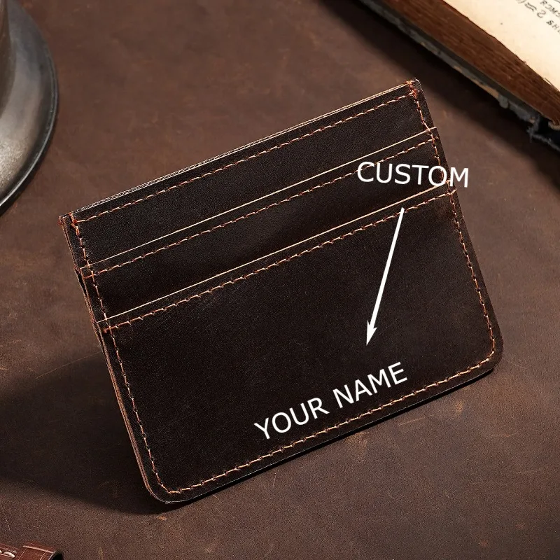 Personalized Custom Engraved Crazy Horse First Layer Cowhide Ultra-thin Compact Genuine Leather Credit Card Holder Retro Wallet