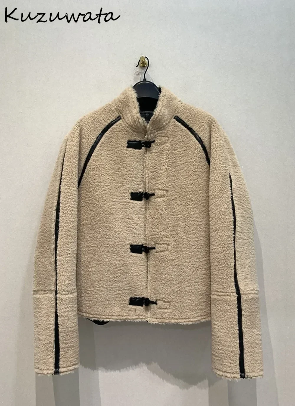 Kuzuwata Vintage Stand Collar Long Sleeve Fur Coat Simple Single Breasted Loose Casual Jacket Japan Warm Mode Stripe Outwears