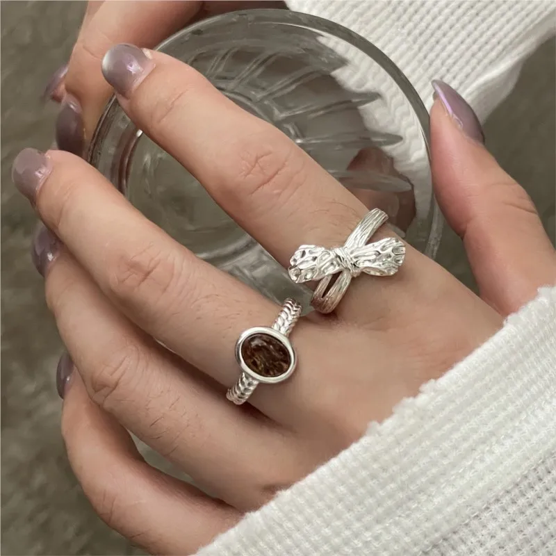 PANJBJ – bague œil de tigre en argent Sterling 925 pour femmes, nœud papillon mat, Texture pliable, Design Ins, bijoux cadeau, livraison directe