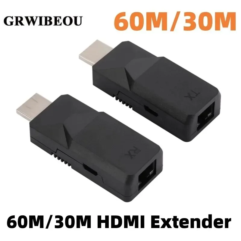 Extensor HDMI de larga distancia, Cable Ethernet Cat5e, Cat6, señal de transmisión de 60M/30M, 1080P, RJ45 a HDMI, 1 par