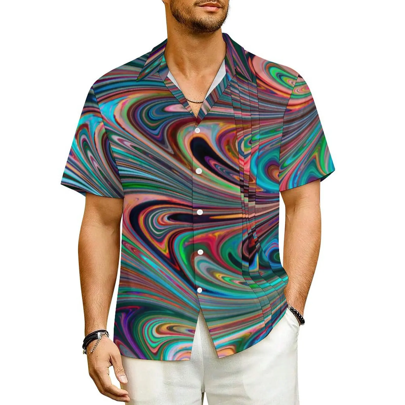 

Summer Shirt Beach Neon Paint Swirl Blouses Colorful Liquid Print Trendy Casual Shirts Male Short-Sleeve Harajuku Oversized Tops